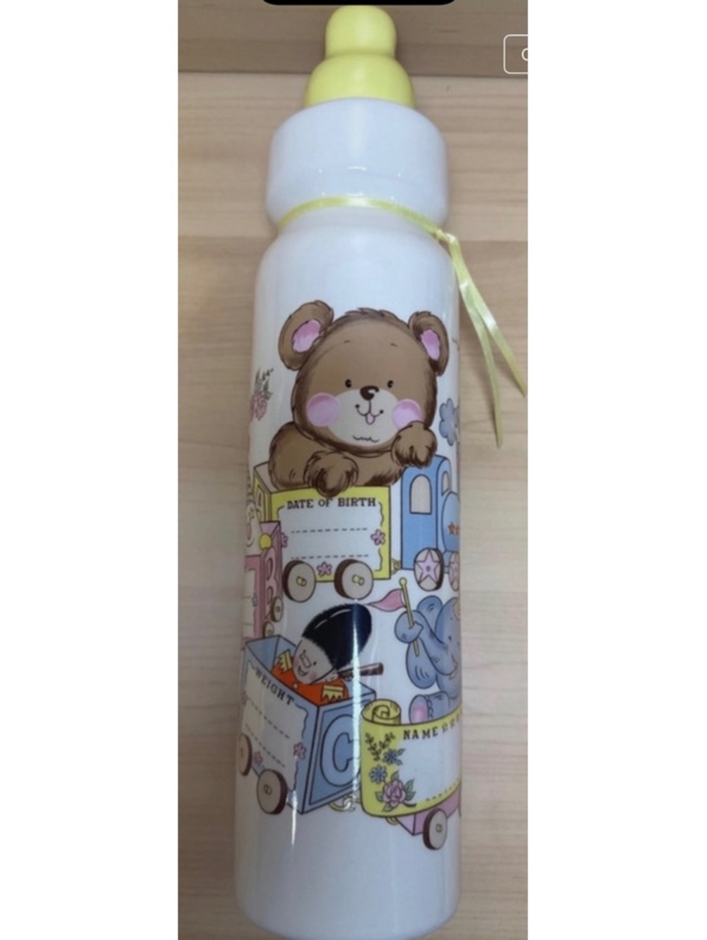 Vintage 1986 Baby Bottle Bank Ceramic Keepsake Birth Record 14” Nursery Decor